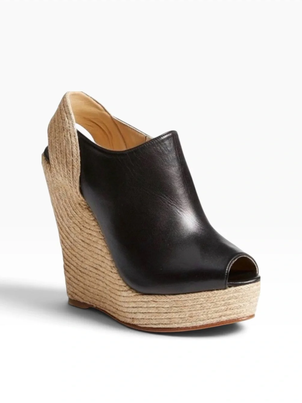 Gucci Black Leather Peep-Toe Espadrille Wedge